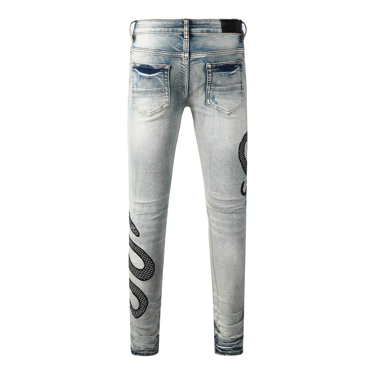 Man wearing 8934Blue distressed skinny jeans with a retro wash and skinny leg fit.