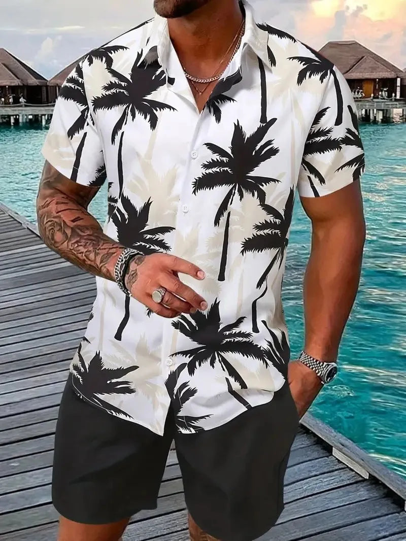 Man wearing a blue and white 3D printed Hawaiian shirt with matching shorts.