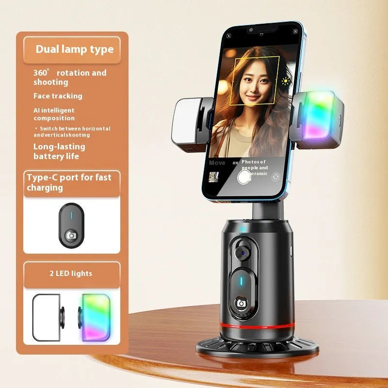Smart AI face recognition selfie holder with 360 rotation and Bluetooth remote for mobile live streaming