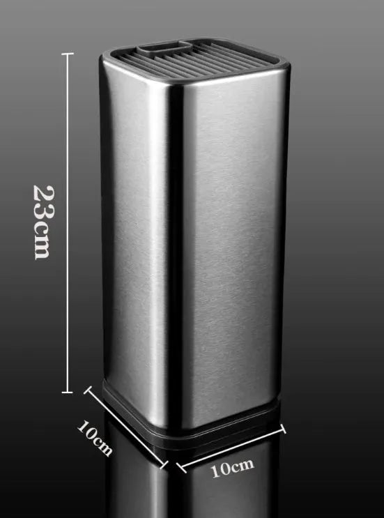 Black and white kitchen knife holder with storage bucket and detachable base on a countertop.