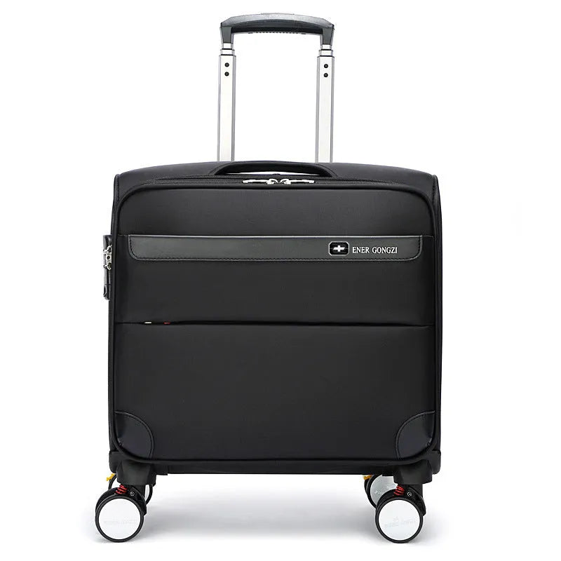 Black 18-inch Oxford cloth carry-on suitcase with retractable handle and four spinner wheels on airport floor.