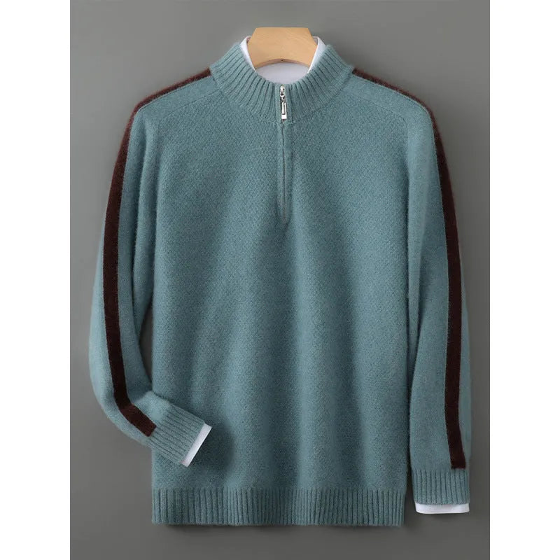 Men's slim fit half zip wool sweater in grey, showing round neck and regular sleeves.