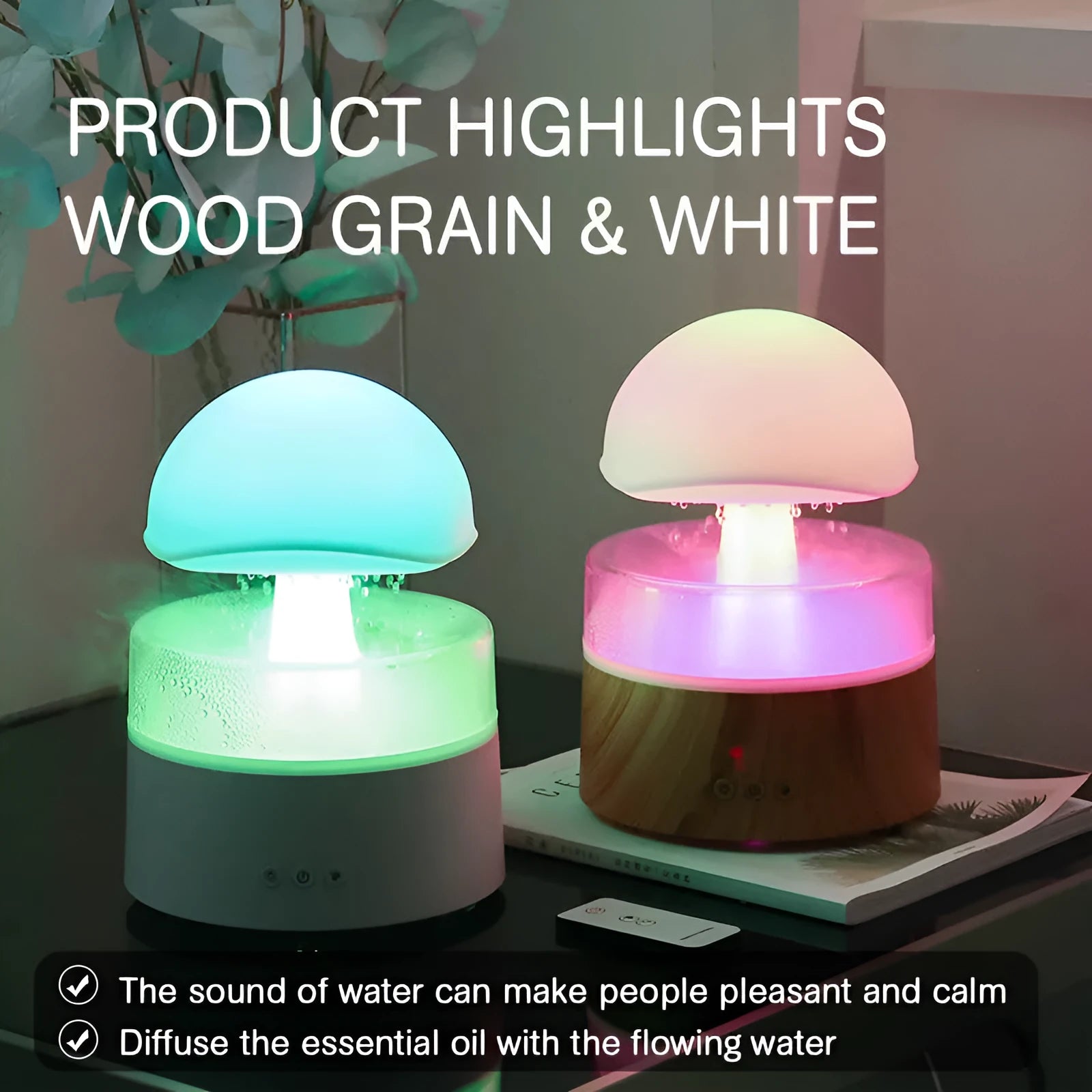White cloud-shaped humidifier with rainfall effect and colour changing night light