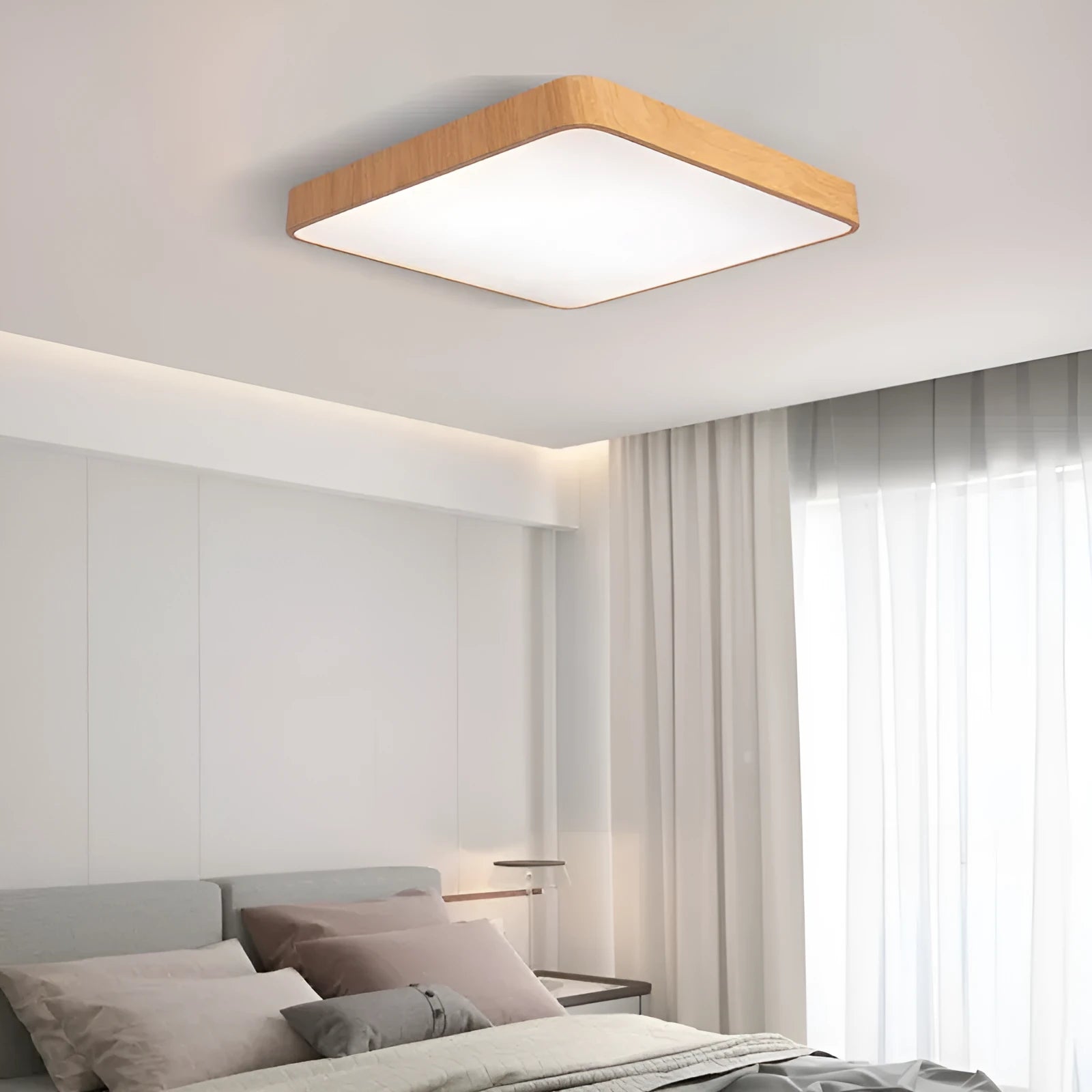 Nordic LED bedroom light with iron art frame in wood grain colour, showing square design and modern simplicity style