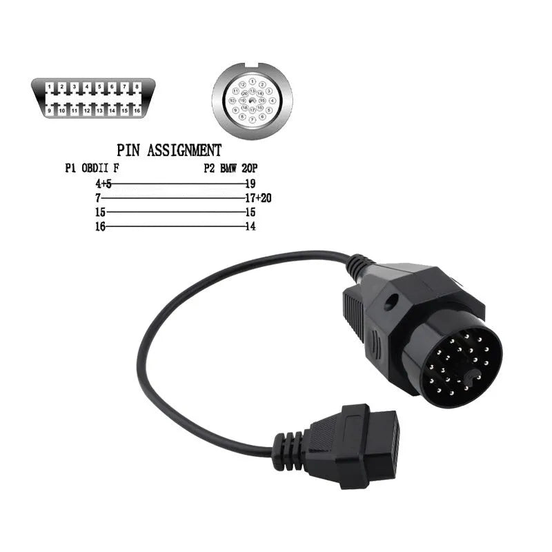 OBD2 adapter cable with black BMW 20-pin male connector and standard 16-pin female OBD2 connector