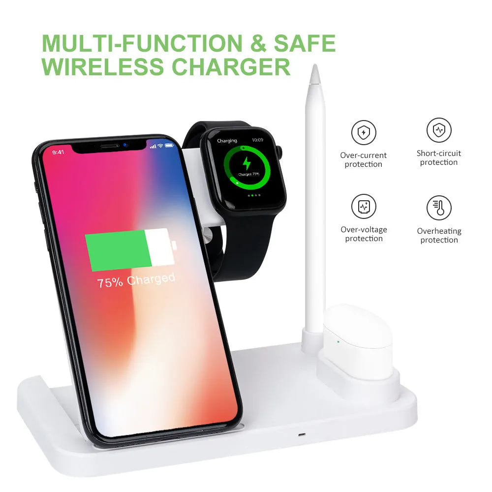 Black foldable 4-in-1 wireless charging stand showing iPhone charging vertically and Apple Pencil on its charging spot.
