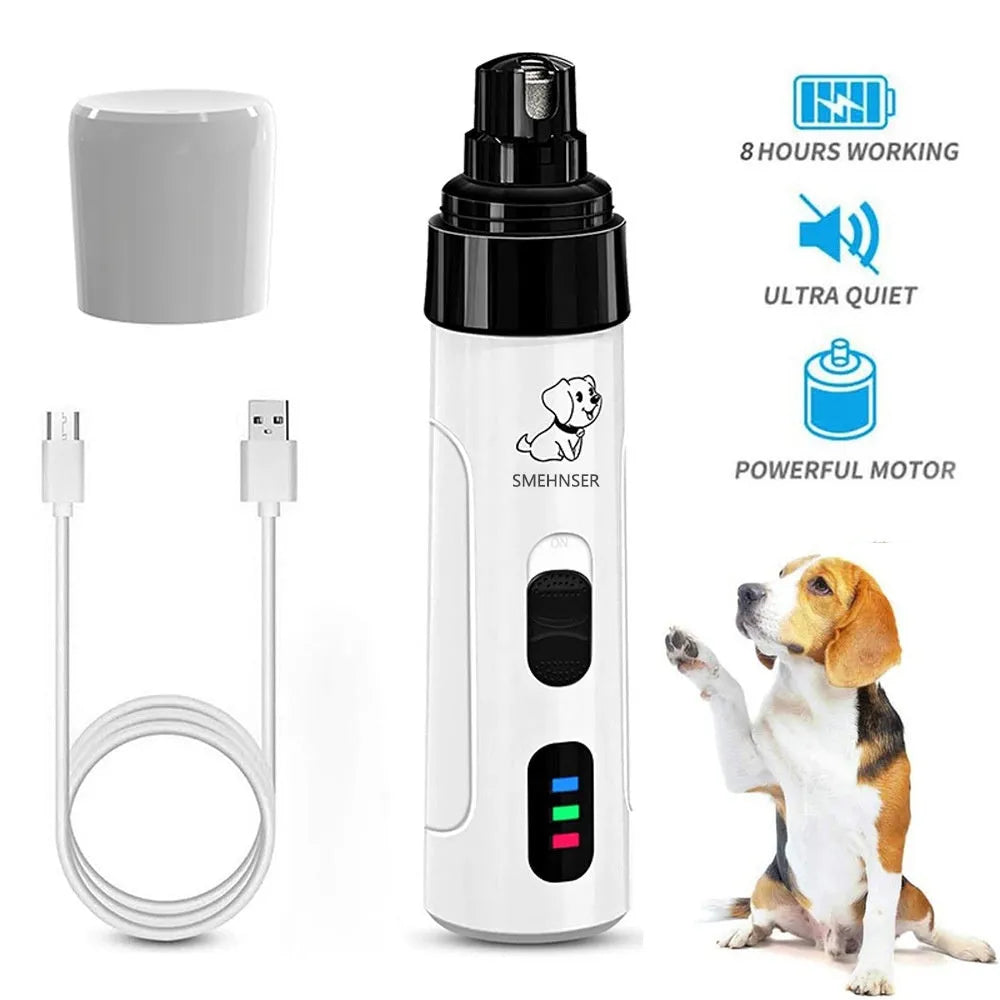 White electric dog nail trimmer with a grinding head, LED light display, and a dust collection compartment on a grey background.