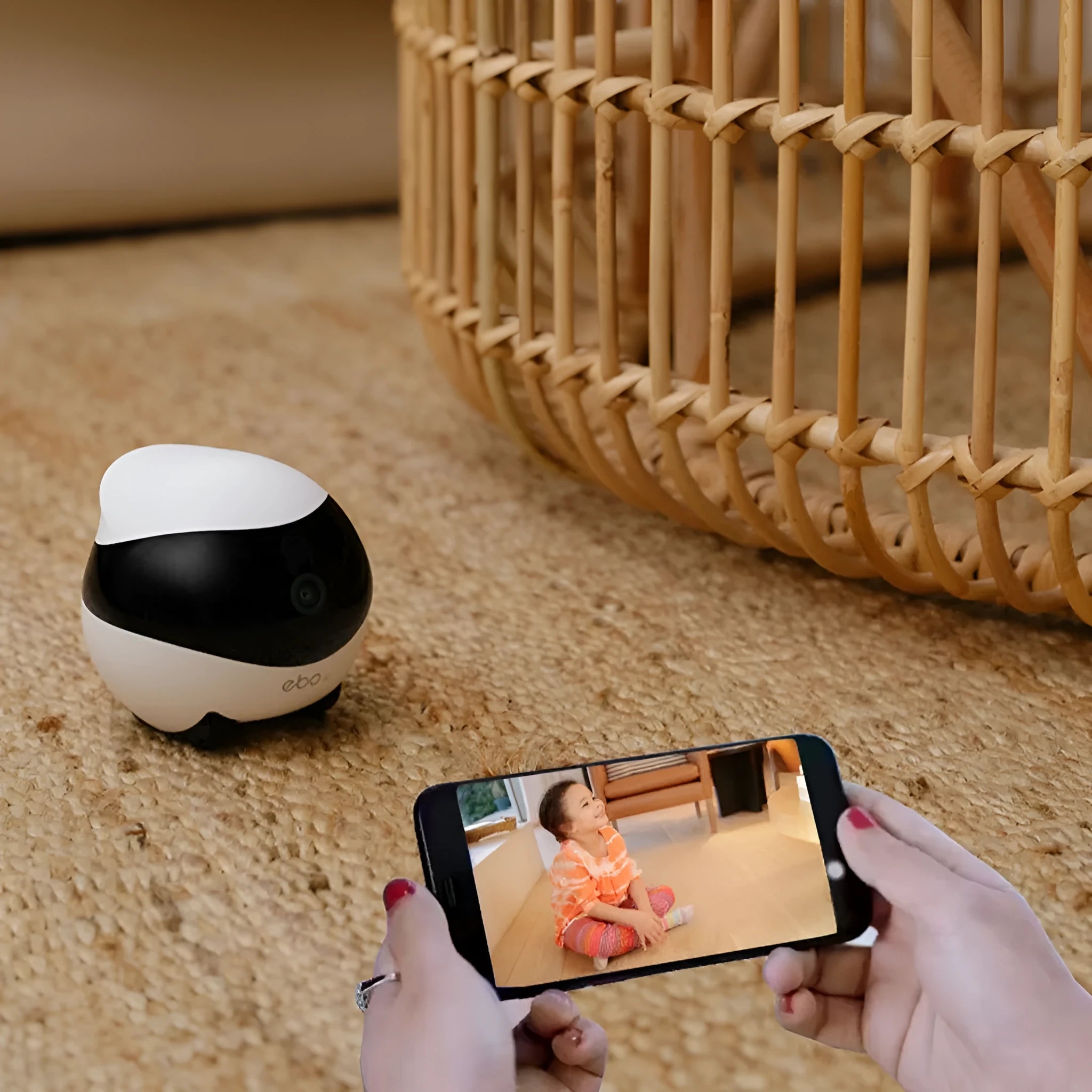 White smart home mobile robot camera with camera lens on a compact, wheeled body.
