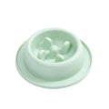 Pet slow eating feeder bowl in blue PP plastic with raised internal sections and non-slip base