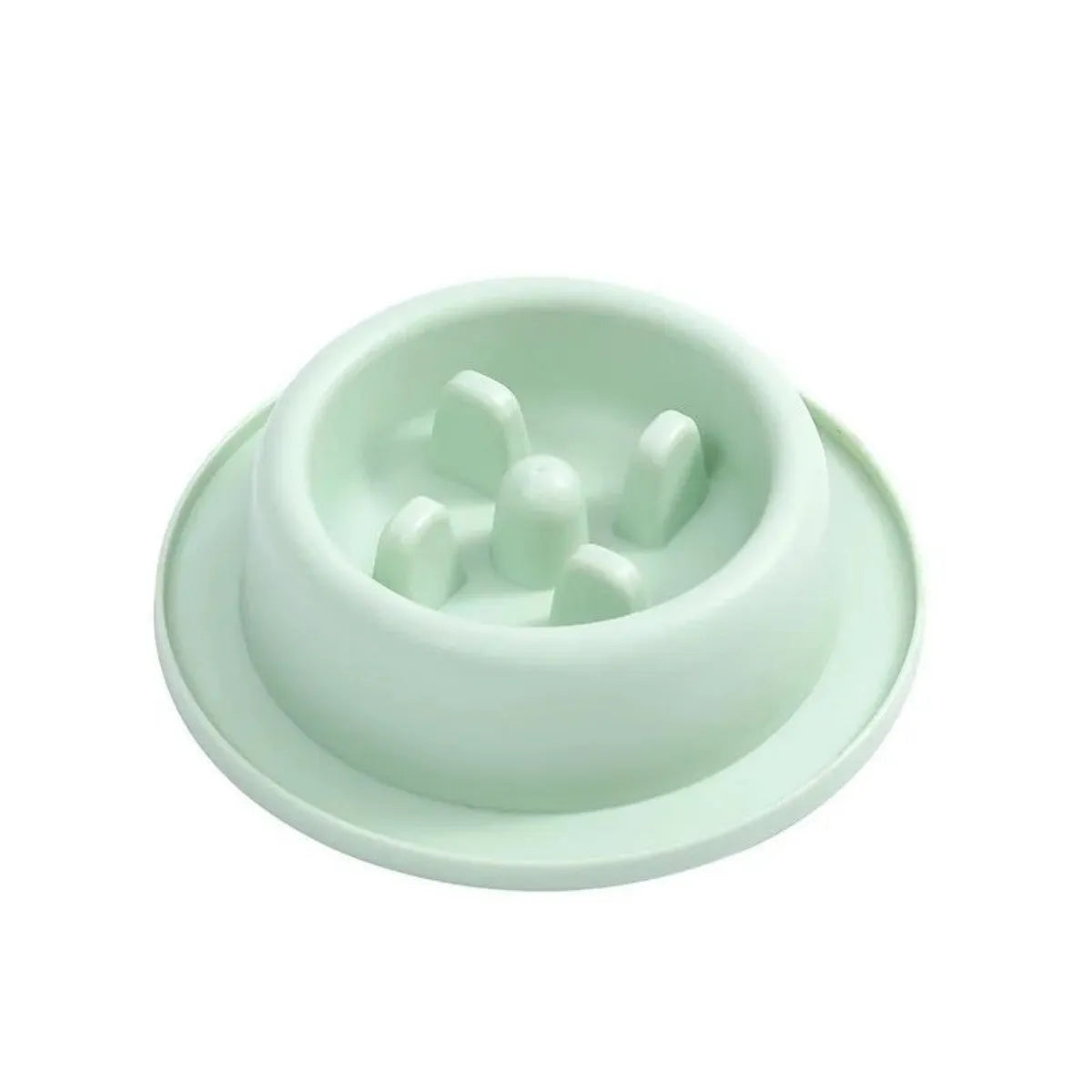 Pet slow eating feeder bowl in blue PP plastic with raised internal sections and non-slip base