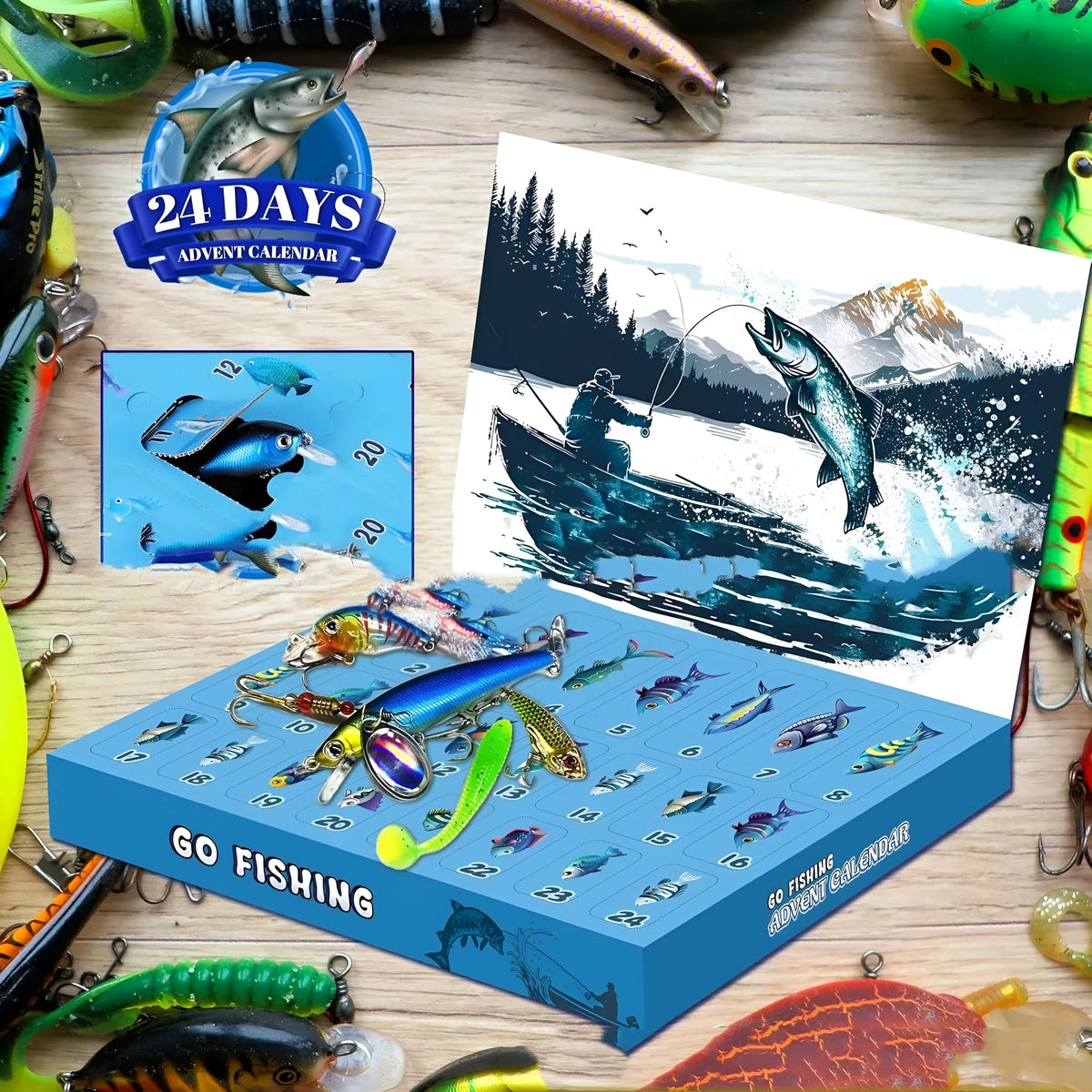 Christmas advent calendar fishing gear set 14x9x1.5 inches on a table