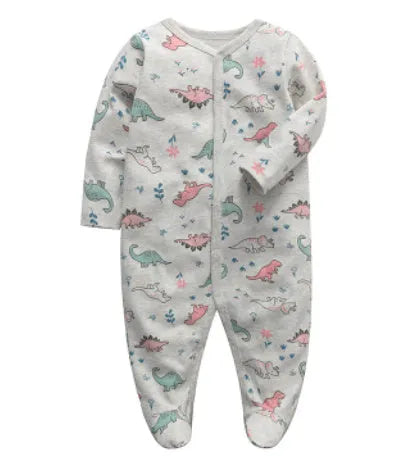Soft cotton baby one-piece bodysuit in blue and green dinosaur print, size 6M, front view on white background
