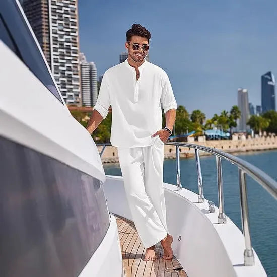 Men's solid colour cotton casual suit with long sleeve top and trousers in beige, black, green, navy, sky blue or white
