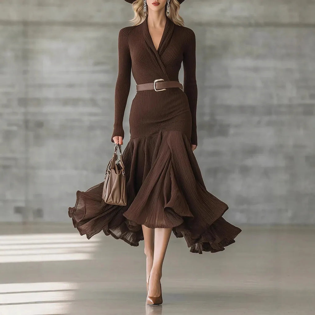 Stitching V-neck long-sleeve dress in solid dark brown with high waist and asymmetric long skirt, sizes S-XXL.