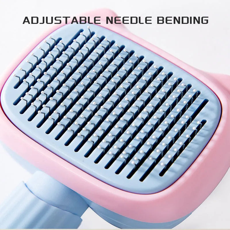 Blue and green double-sided pet grooming brush with deshedding rake and dematting comb on a white background.