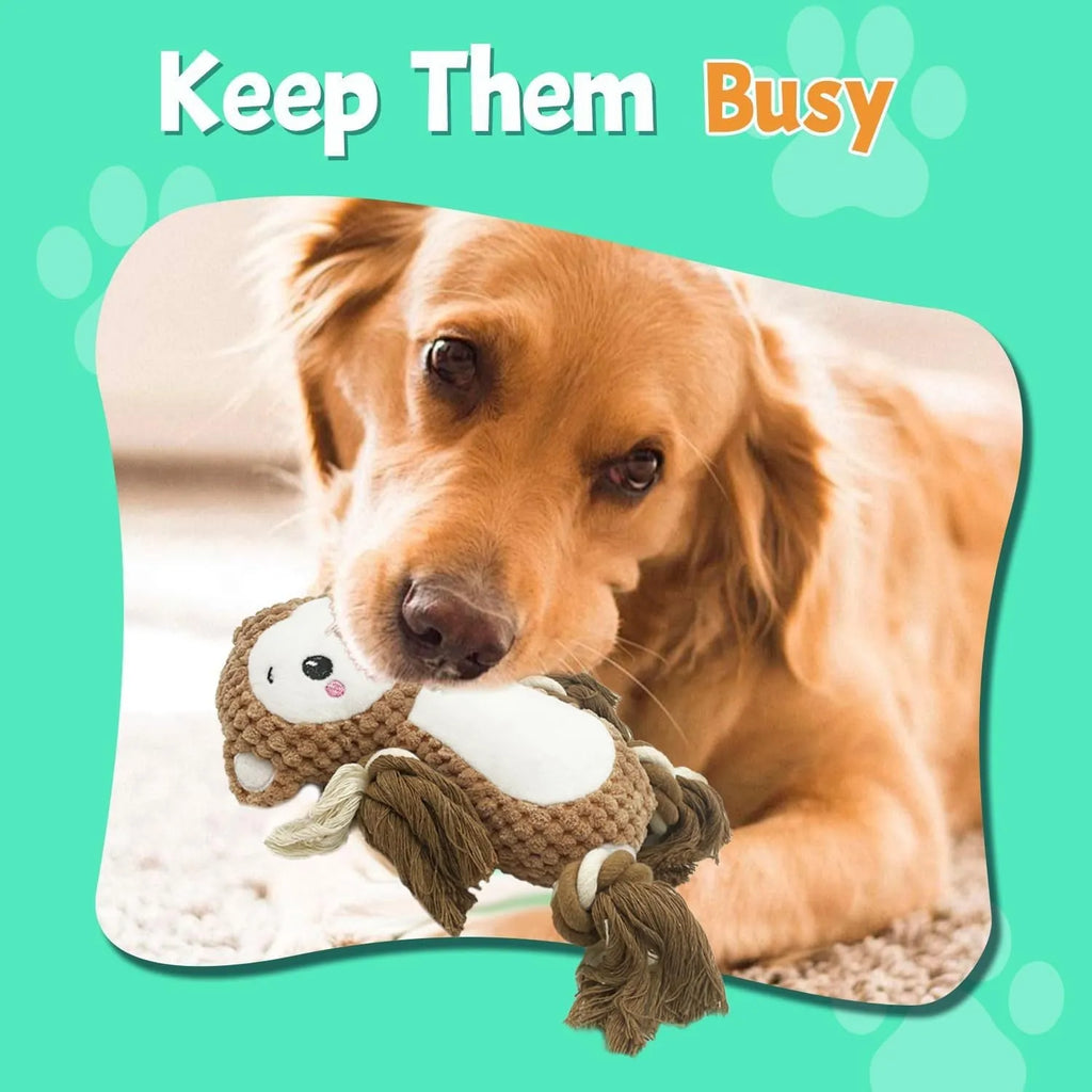 Two plush squeaky dog toys, a lion and a monkey, for medium and large dogs.