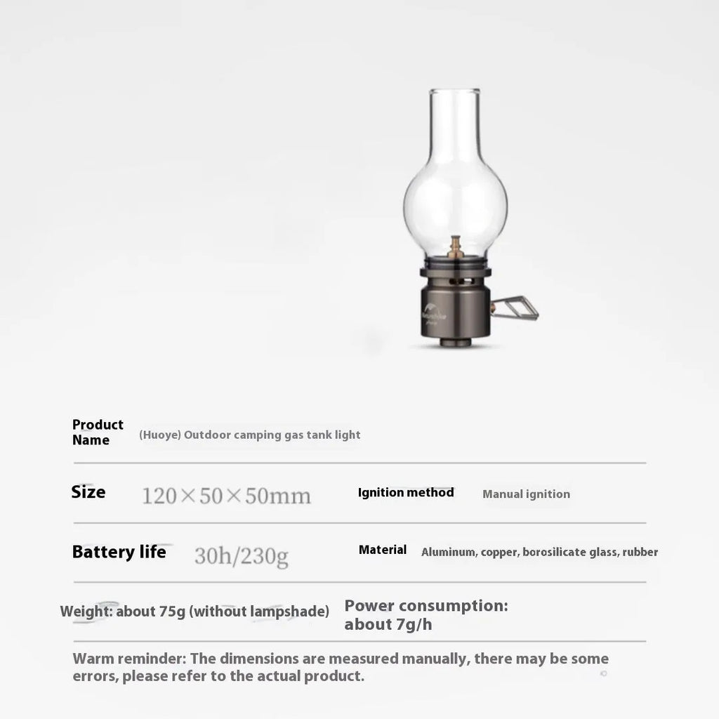 Portable gas cylinder light in silver, aluminum build, 120x50x50mm size, on outdoor background