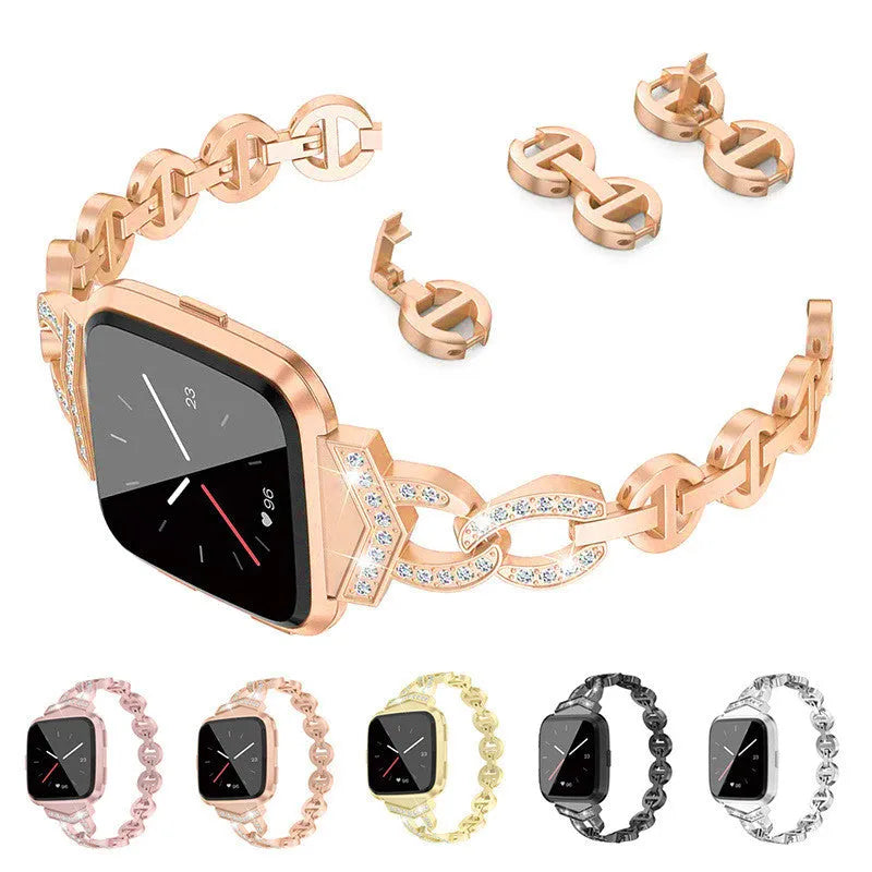 Diamond metal watch strap for Fitbit Versa in silver, black or rose gold, 178mm, tool-free adjustment