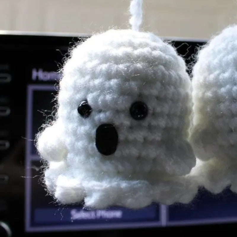 Plush hand-woven car hanging ornament in a cartoon design, made from soft polyester fabric.