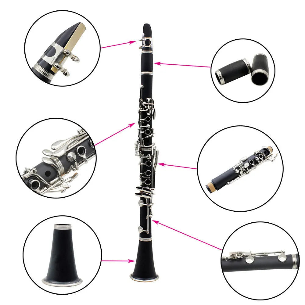 Black beginner B-flat clarinet with 17 nickel keys and a Bakelite body next to its carrying bag.