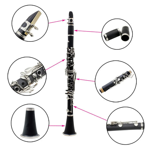 Black Bakelite clarinet with nickel keys and protective carry bag for beginner students