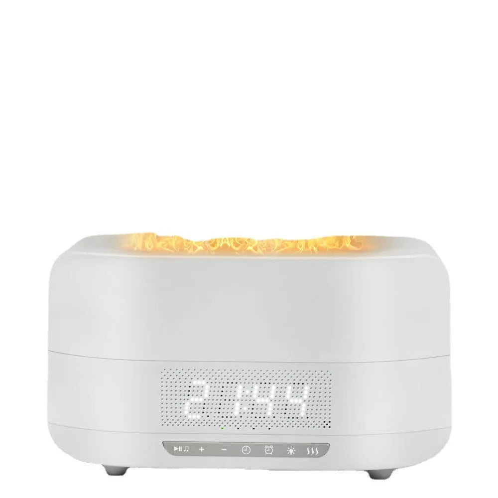 Firelight Speaker & Humidifier in white with square shape, 229x110x127mm, showing water tank and LED light