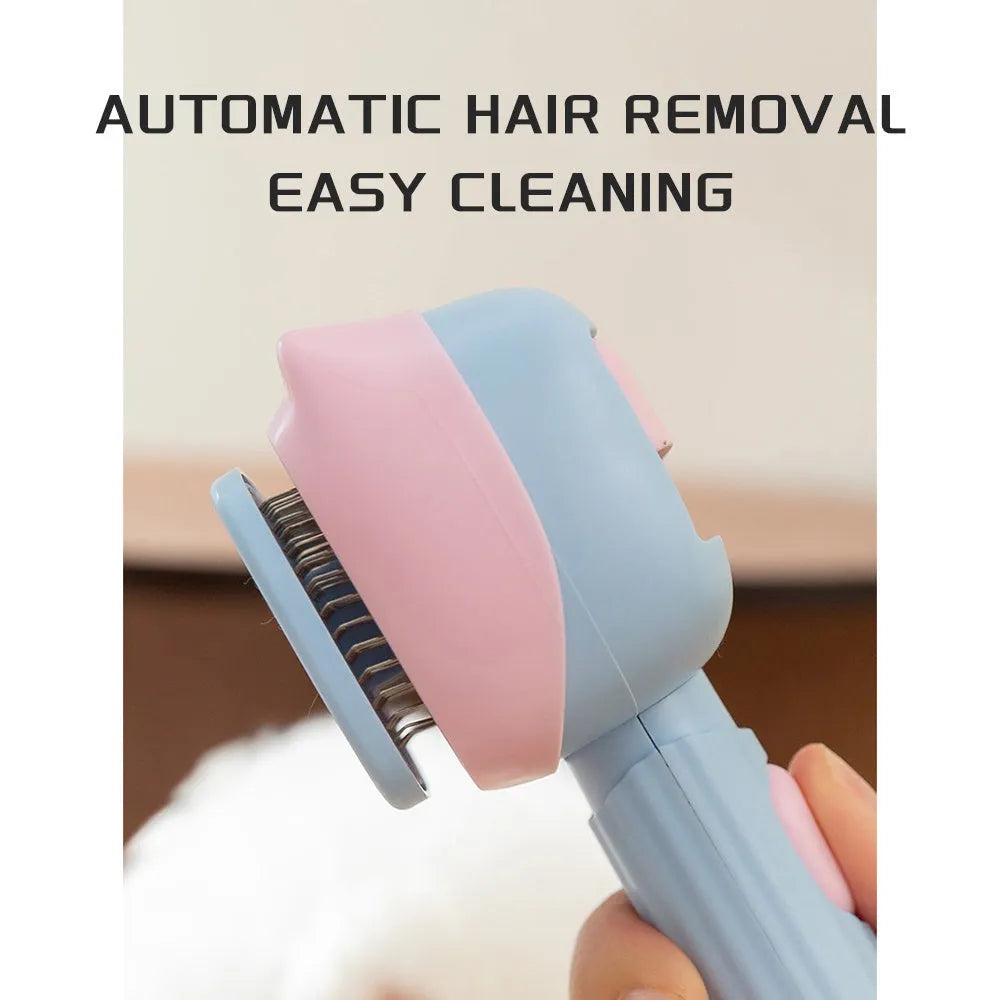 Blue and green double-sided pet grooming brush with deshedding rake and dematting comb on a white background.