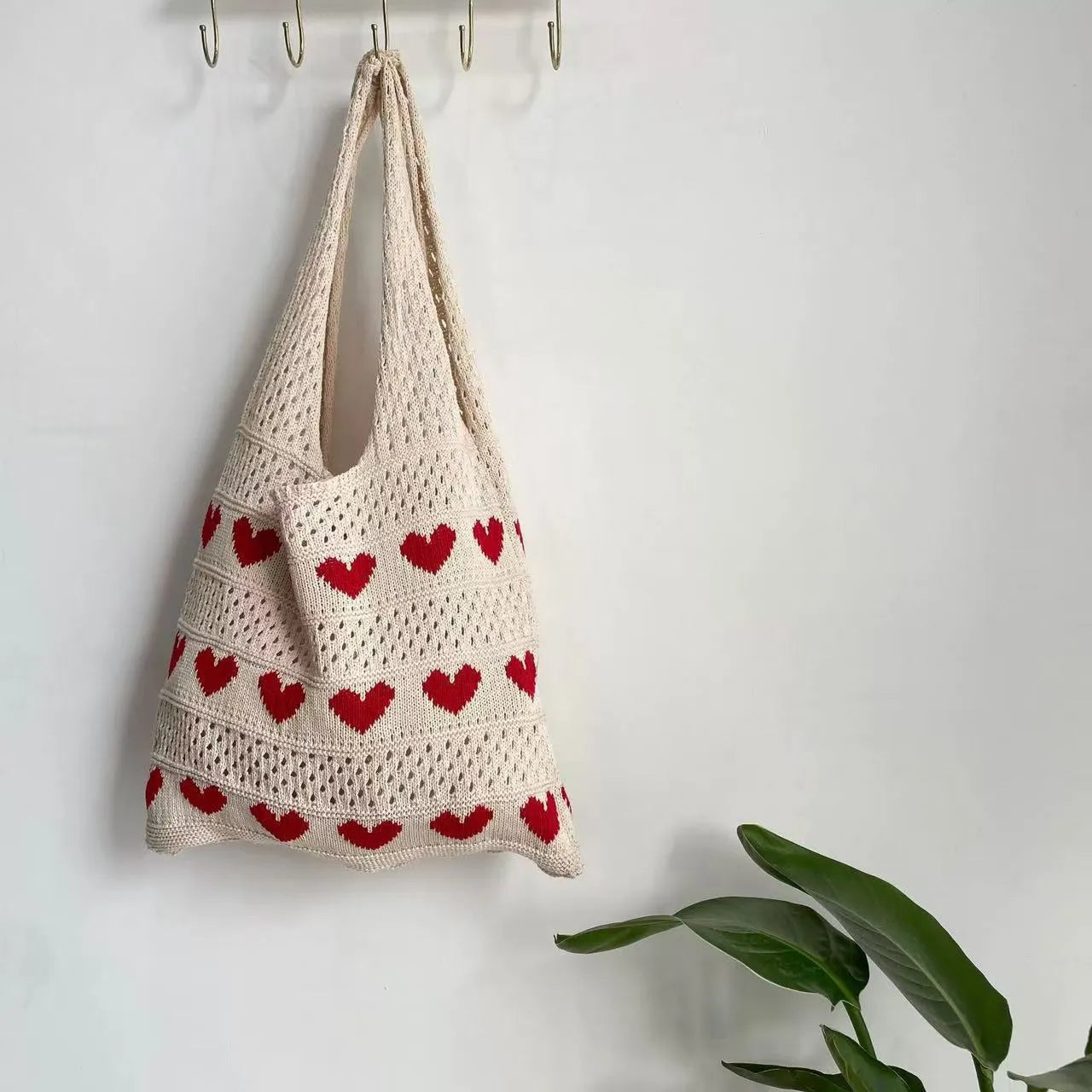 Hand-woven hollow shoulder bag in cotton and linen, beige colour, open pocket design with double straps