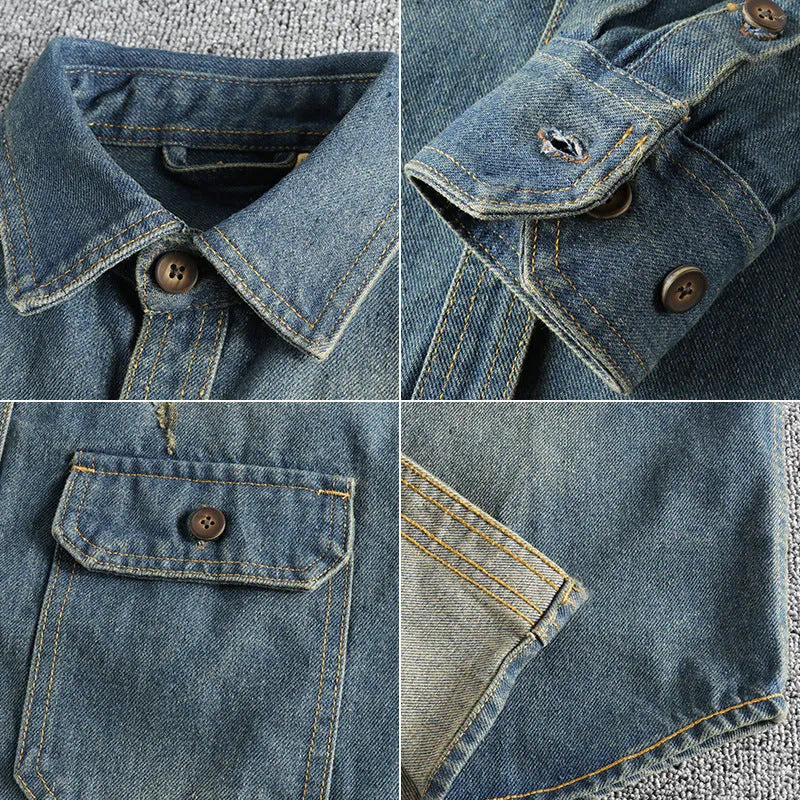 Men's vintage denim shirt in light blue washed cotton with loose cardigan fit and long sleeves