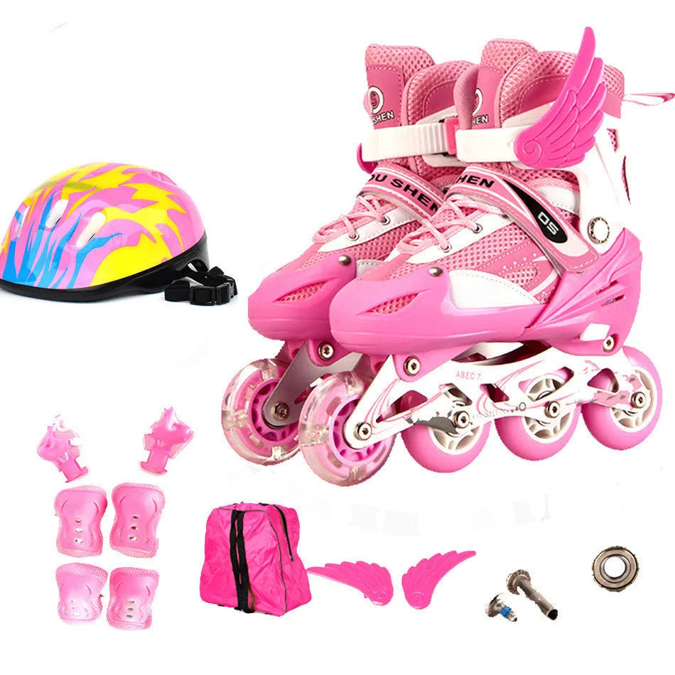 Children's adjustable inline skates in five colours with aluminium frame, helmet, and protective gear