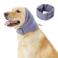 Black dog calming hoodie head wrap with earmuffs on a pet