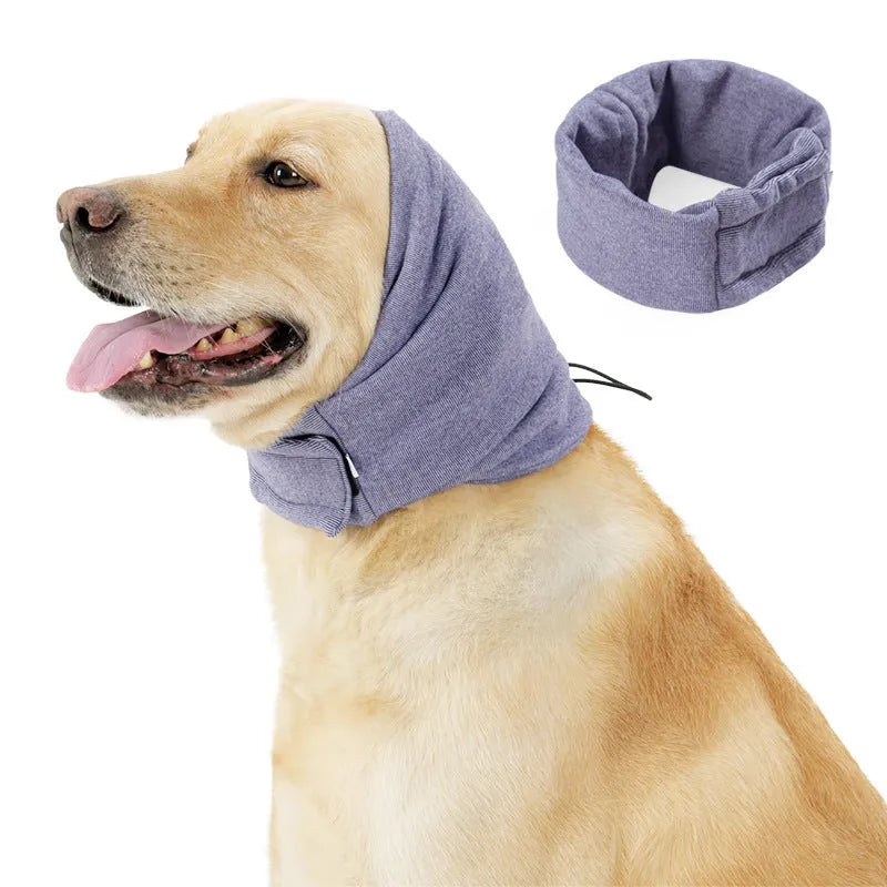 Black dog calming hoodie head wrap with earmuffs on a pet