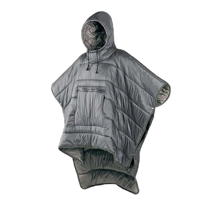 Outdoor cloak sleeping bag in grey or army green, showing wearable cape configuration and flat blanket layout