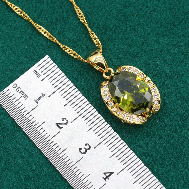 Complete zircon jewellery suit with necklace, earrings, and ring on snake bones chain in olive green colour