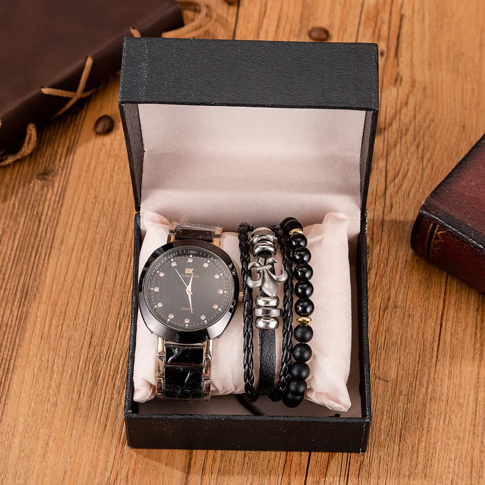 Men's steel band quartz watch black with chronograph pointer display on wrist