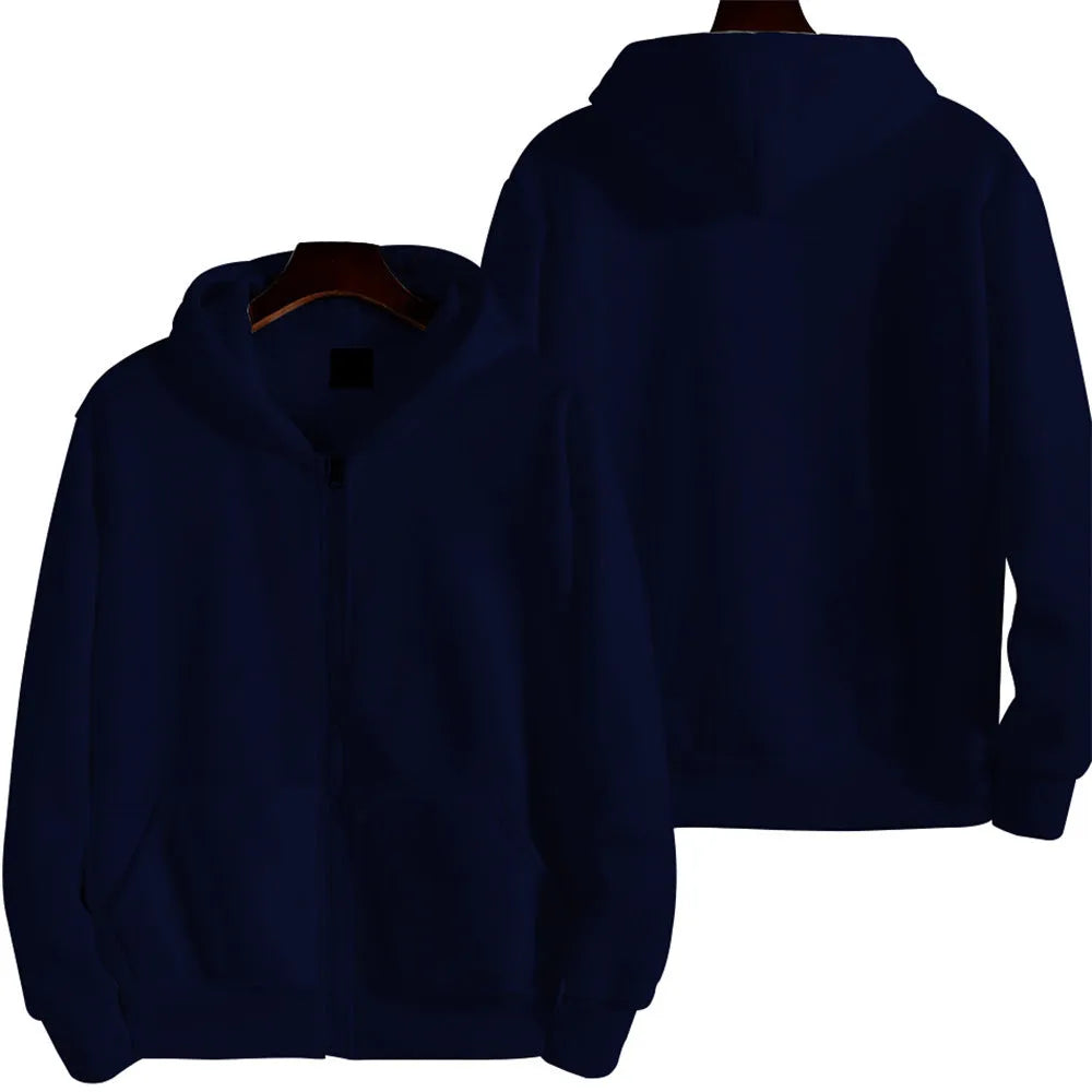 Men's solid colour loose sports zip jacket in polyester-spandex fabric showing zip front and cardigan style