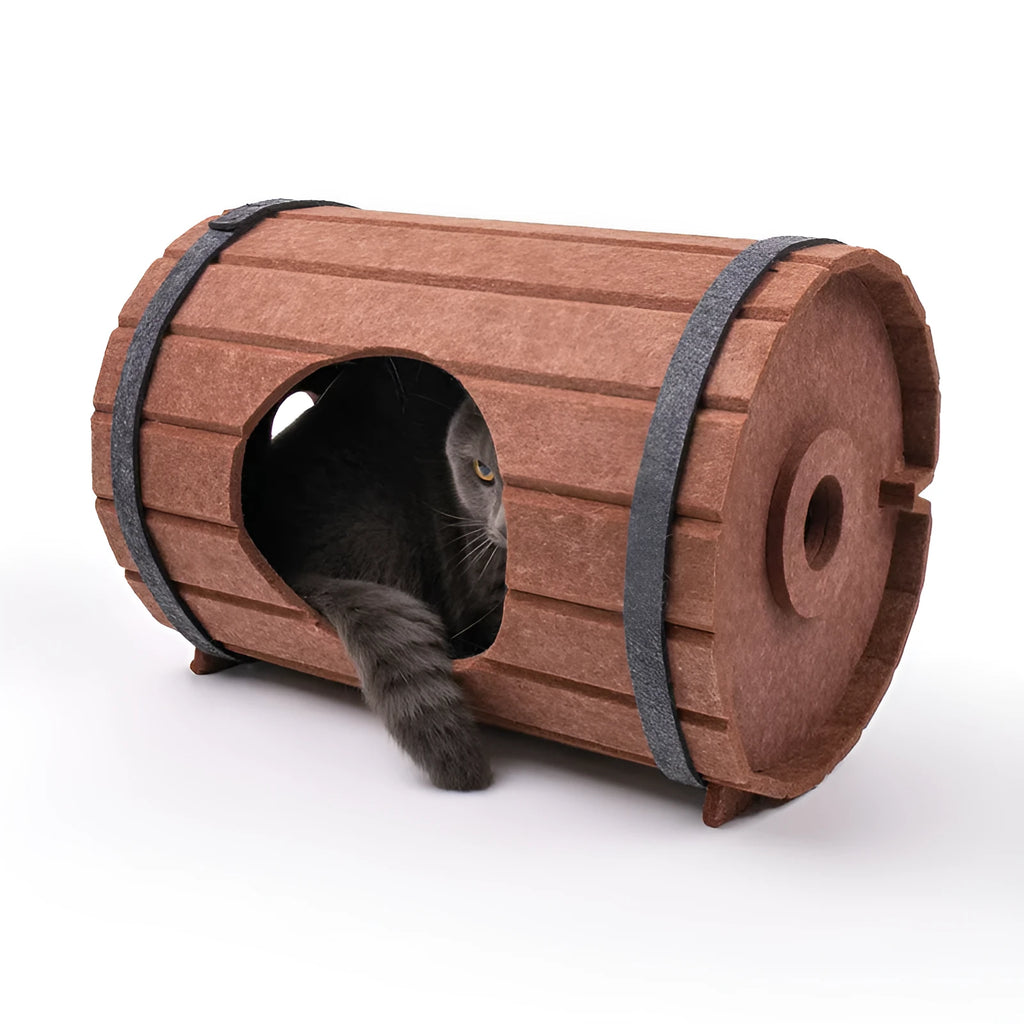 Assembled wine barrel shaped cat bed made from brown polyester fibre felt pieces