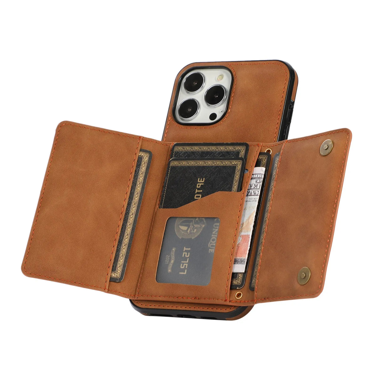 Tri-fold PU leather wallet iPhone case with card sleeve, shown in black, purple, retro red, blue and brown.