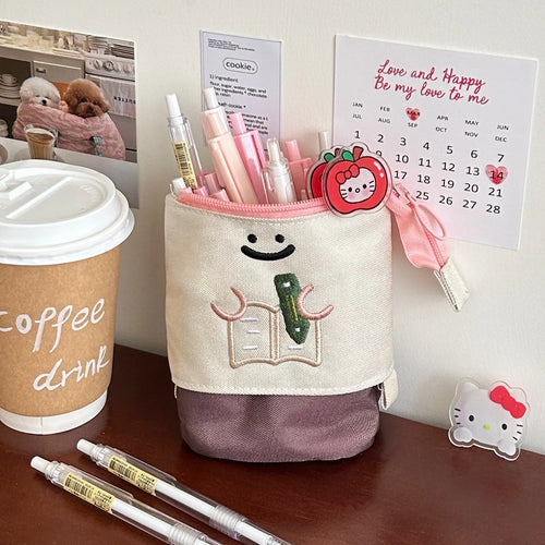 Cartoon printed collapsible pencil case in brown or green colour with zip closure