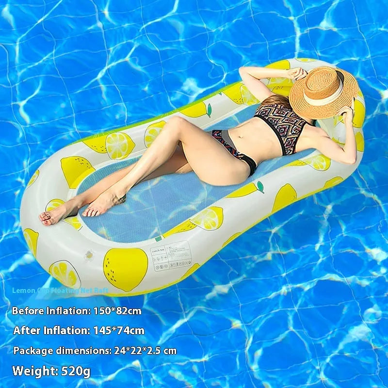PVC inflatable floating row pool lounger in a mesh deck chair design with bright gradient colour wave.
