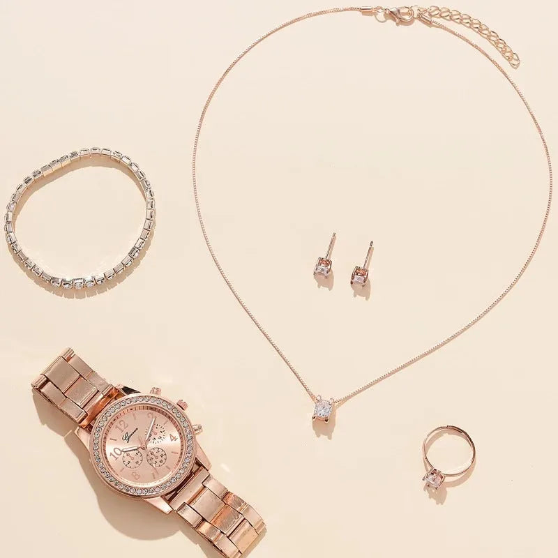 Women's casual quartz watch suit with 36mm dial, 8mm alloy watchcase, bracelet, earrings, necklace, and ring in silver, rose gold, or gold