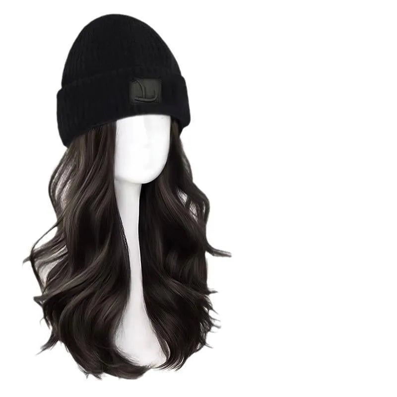 Hat wig for women with big wave full-head curls in protein filament natural style