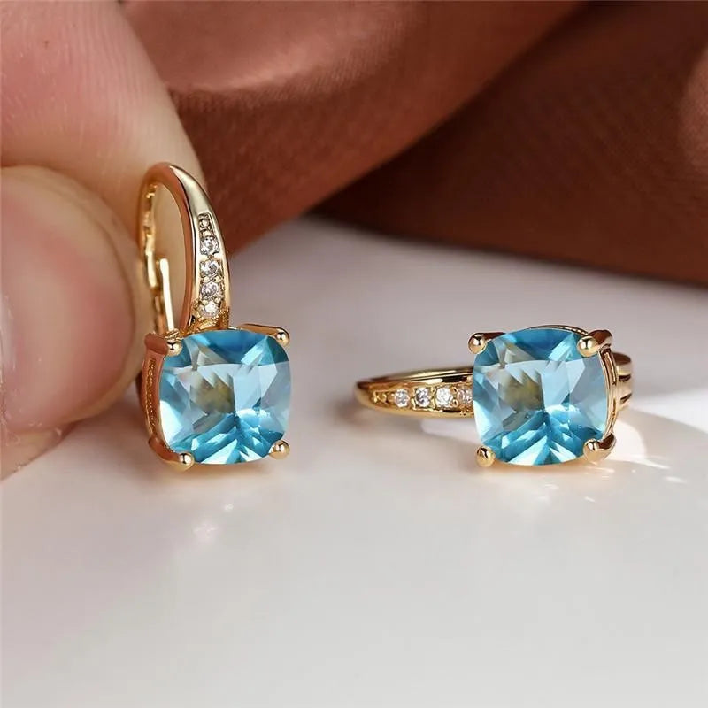 Square geometric ear hooks with round zircon inlays in gold, platinum, or rose gold finish