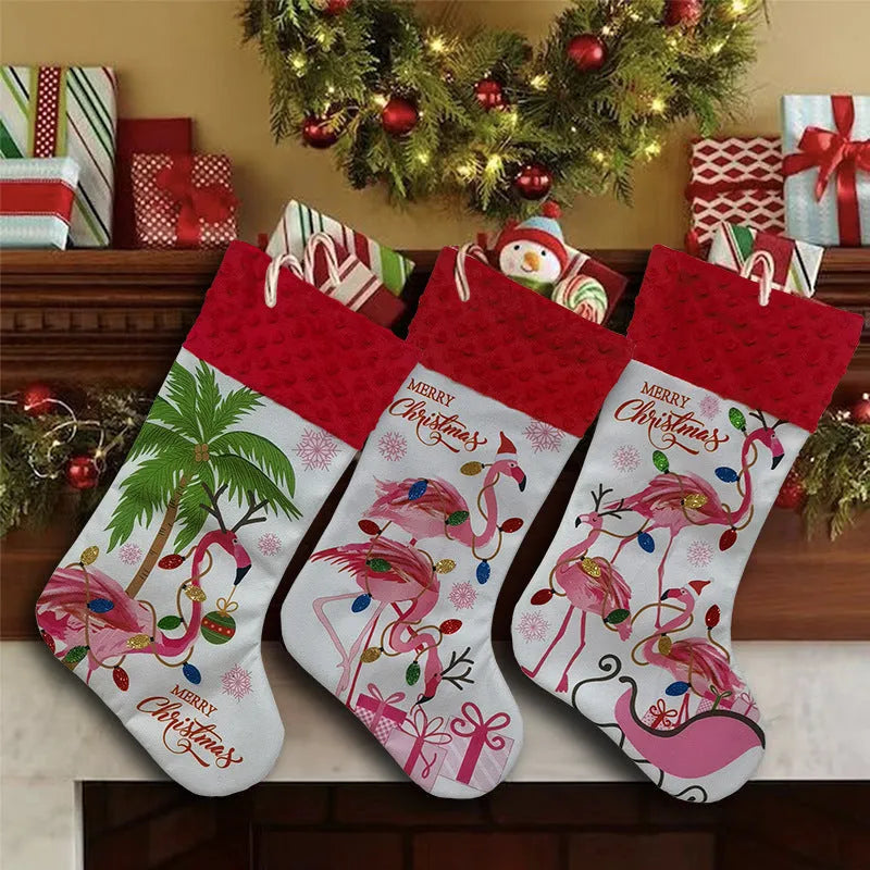 Large red flamingo-themed cloth Christmas stocking hanging for decoration