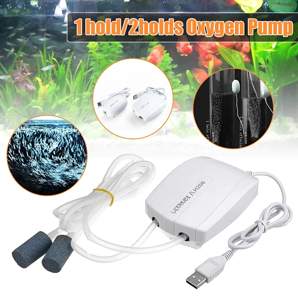White aquarium air pump mini compressor with ABS shell, single outlet, steel clip, and air stone