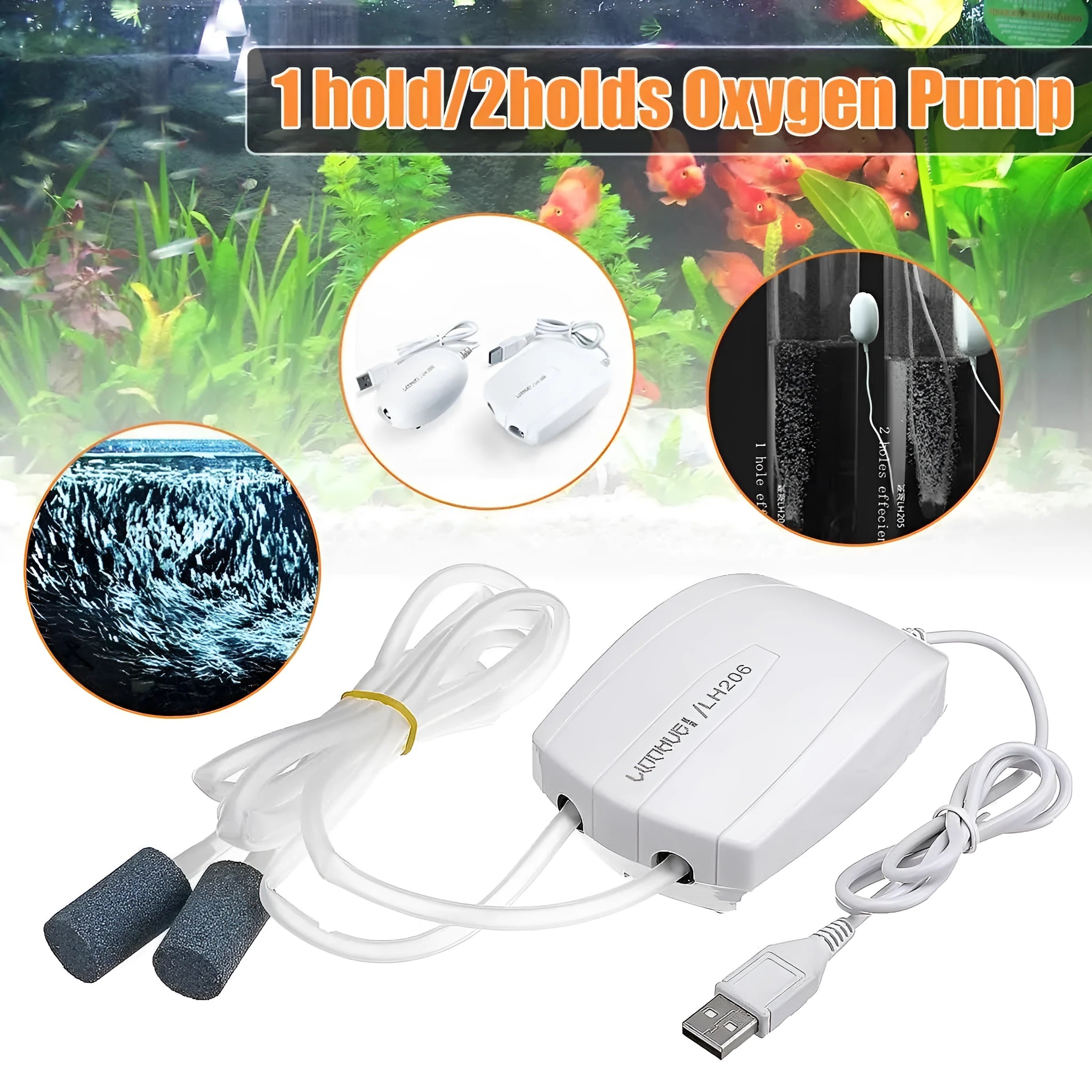 White aquarium air pump mini compressor with ABS shell, single outlet, steel clip, and air stone