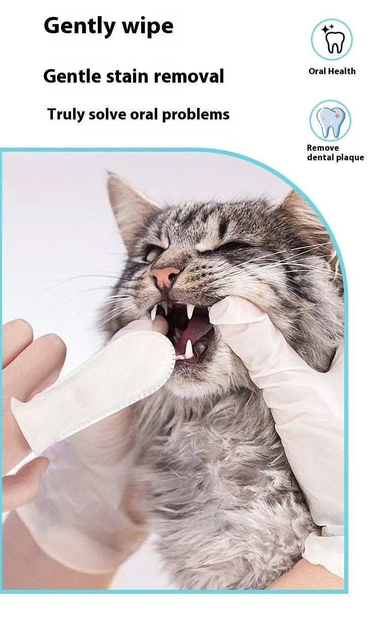 Pack of 50 white pet dental finger cots for cleaning dog and cat teeth, made from non-woven fabric