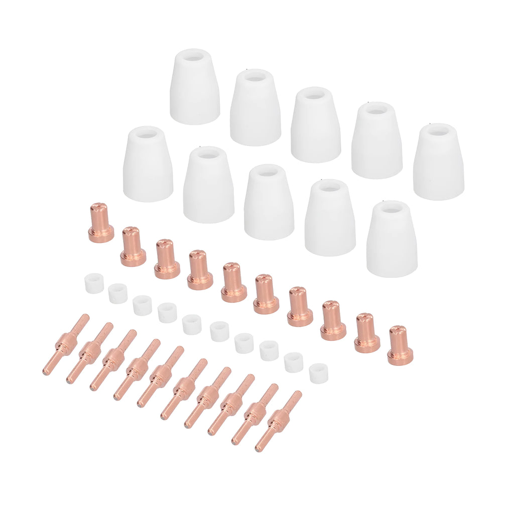 40 piece plasma cutter consumables kit with electrodes nozzles shunts and porcelain nozzles on black background