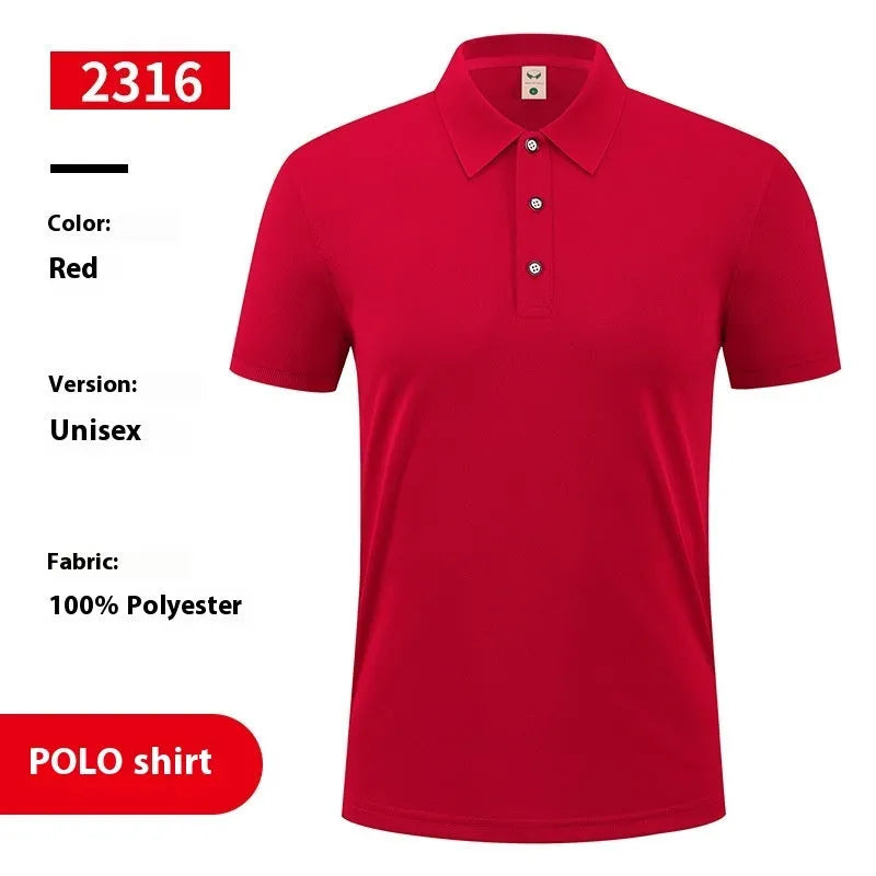 Ice silk viscose blend polo shirt in short sleeve pullover style on a hanger.
