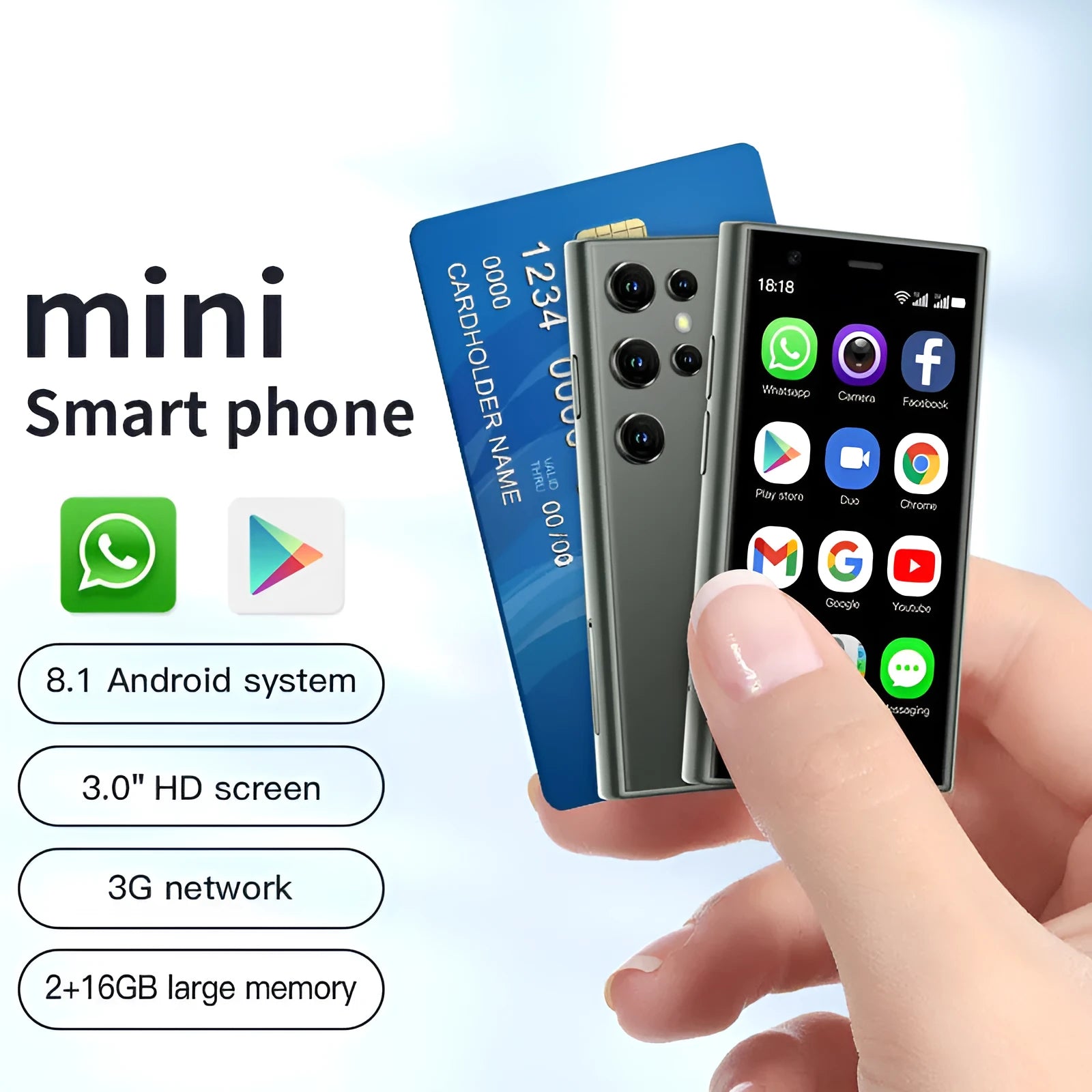 Mini smartphone with 30-inch screen in black, green or pink purple straight plate design showing Android interface
